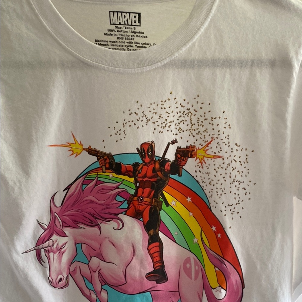 Marvel Deadpool Riding Unicorn White Tee